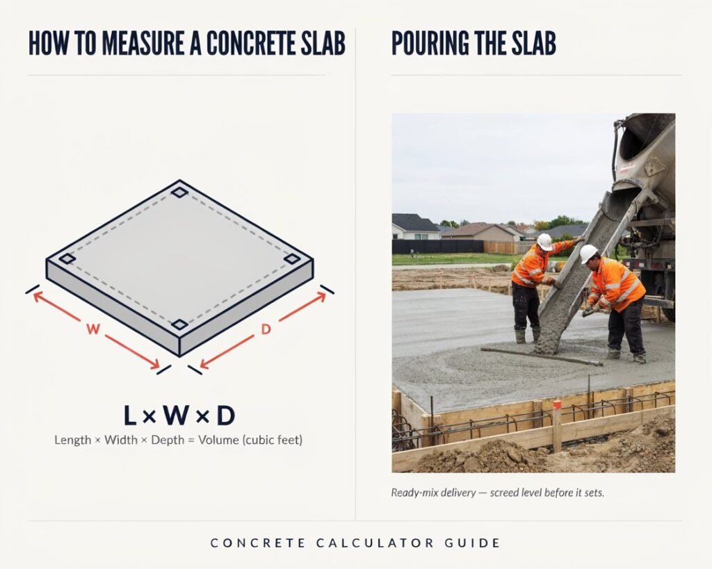 diagram showing how to measure length width and depth for concrete volume calculation