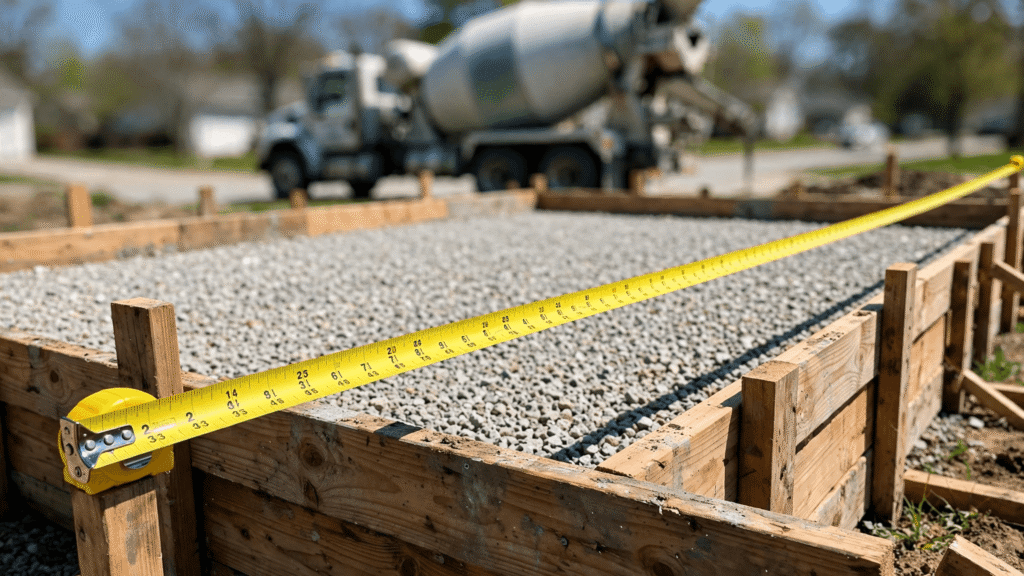 how much concrete do i need - concrete slab formwork with tape measure and mixer truck