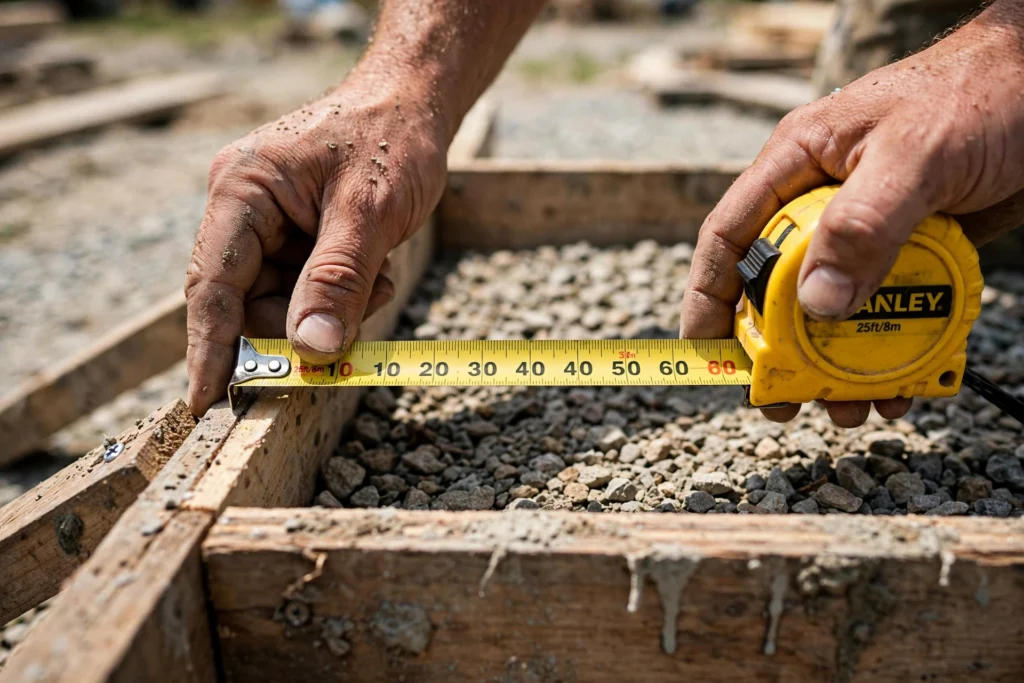 how much concrete do i need - measuring a wooden slab form with a tape measure