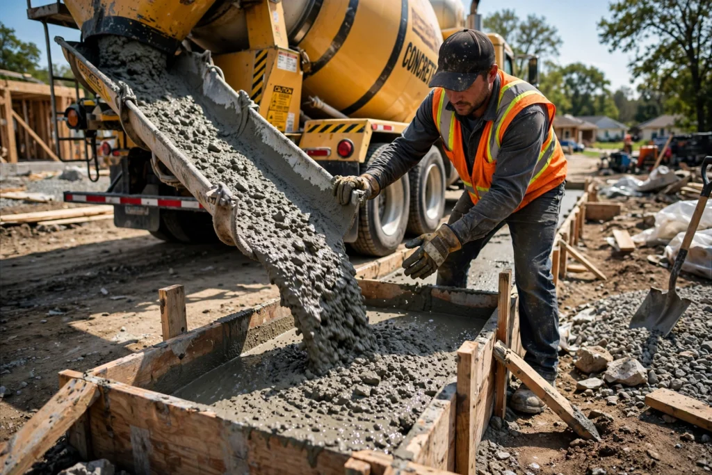 How much concrete do I need for a driveway—fresh concrete being poured from a mixer truck