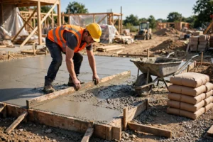 Worker screeding a freshly poured concrete slab, a step in how to calculate concrete volume