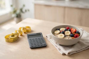 How to calculate daily calorie needs — measuring tape, calculator and notepad on a desk