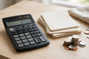 How to calculate income tax — calculator, tax forms and coins on a desk