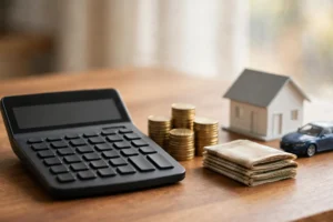 How to calculate loan EMI and monthly payments — calculator, coins, banknotes, model house and car on a desk