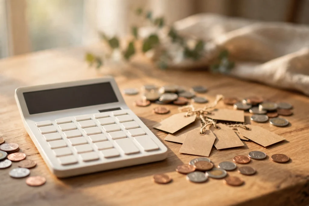 Calculator with price tags and coins illustrating how to calculate profit margin vs markup