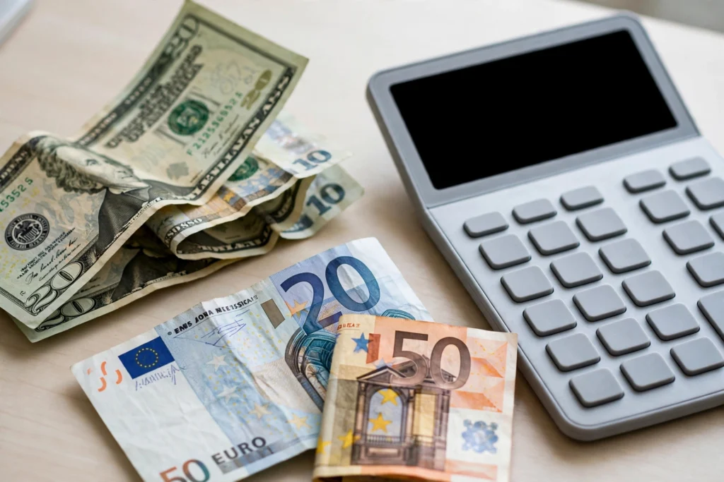 A person working out how to convert currency with dollar and euro banknotes and a calculator